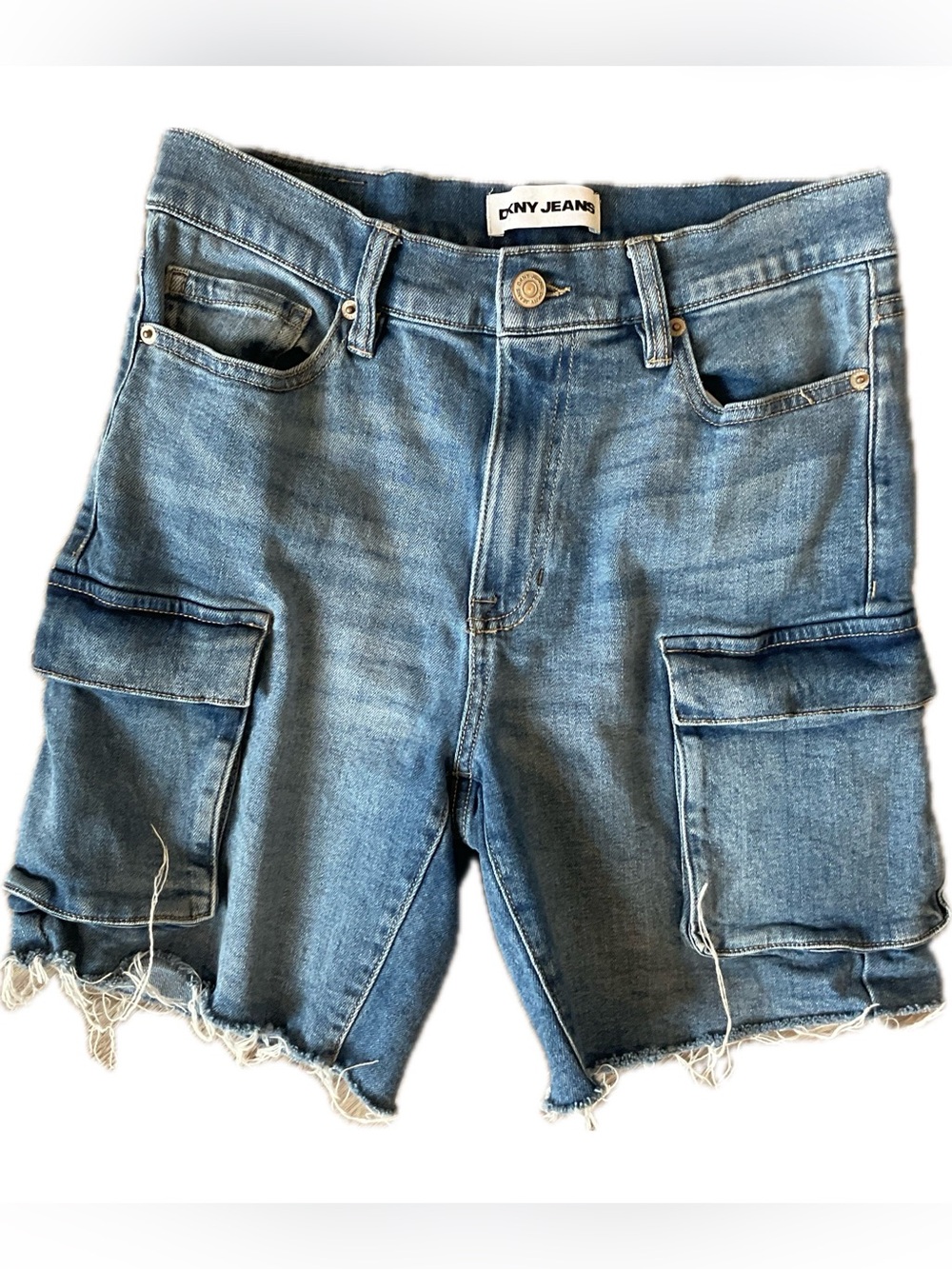 DKNY Jeans Distressed Cargo Denim Shorts in Medium Blue